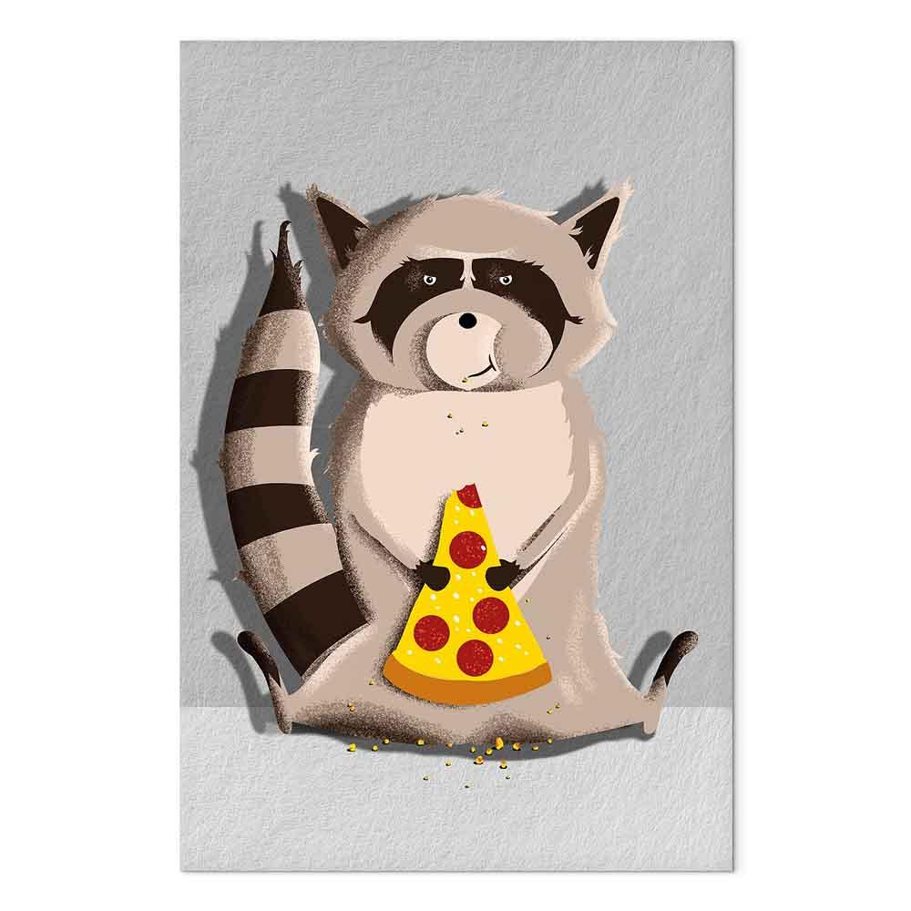 Lærredsbillede til børneværelse - Vaskebjørn med pizza, lodret - 20 x 30 cm - Akustisk