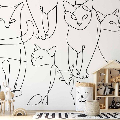 Fototapet med katte lineart i sort på hvid baggrund