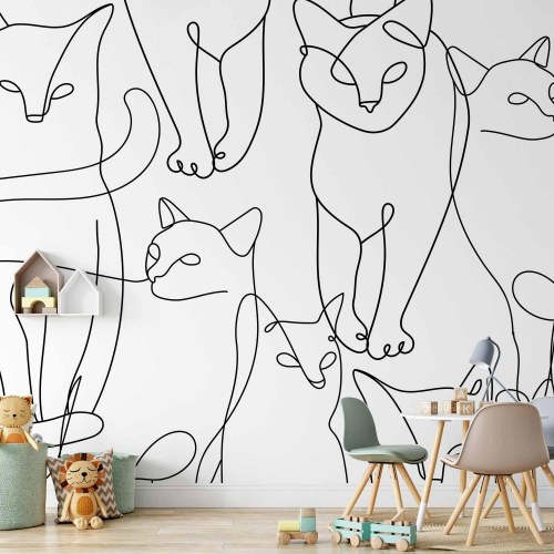 Fototapet med katte lineart i sort på hvid baggrund