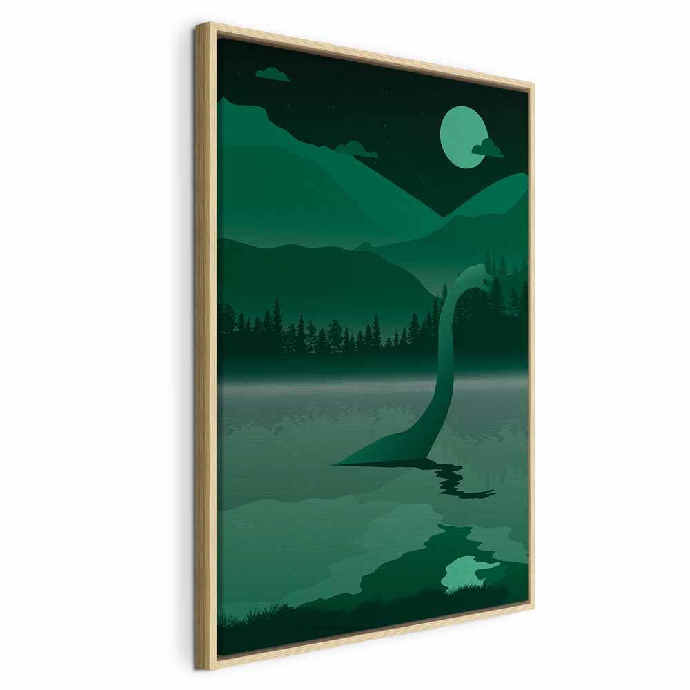 Lærredsbillede Loch Ness - lodret vægdekoration til børneværelse - 40 x 60 cm - I en naturlig træramme