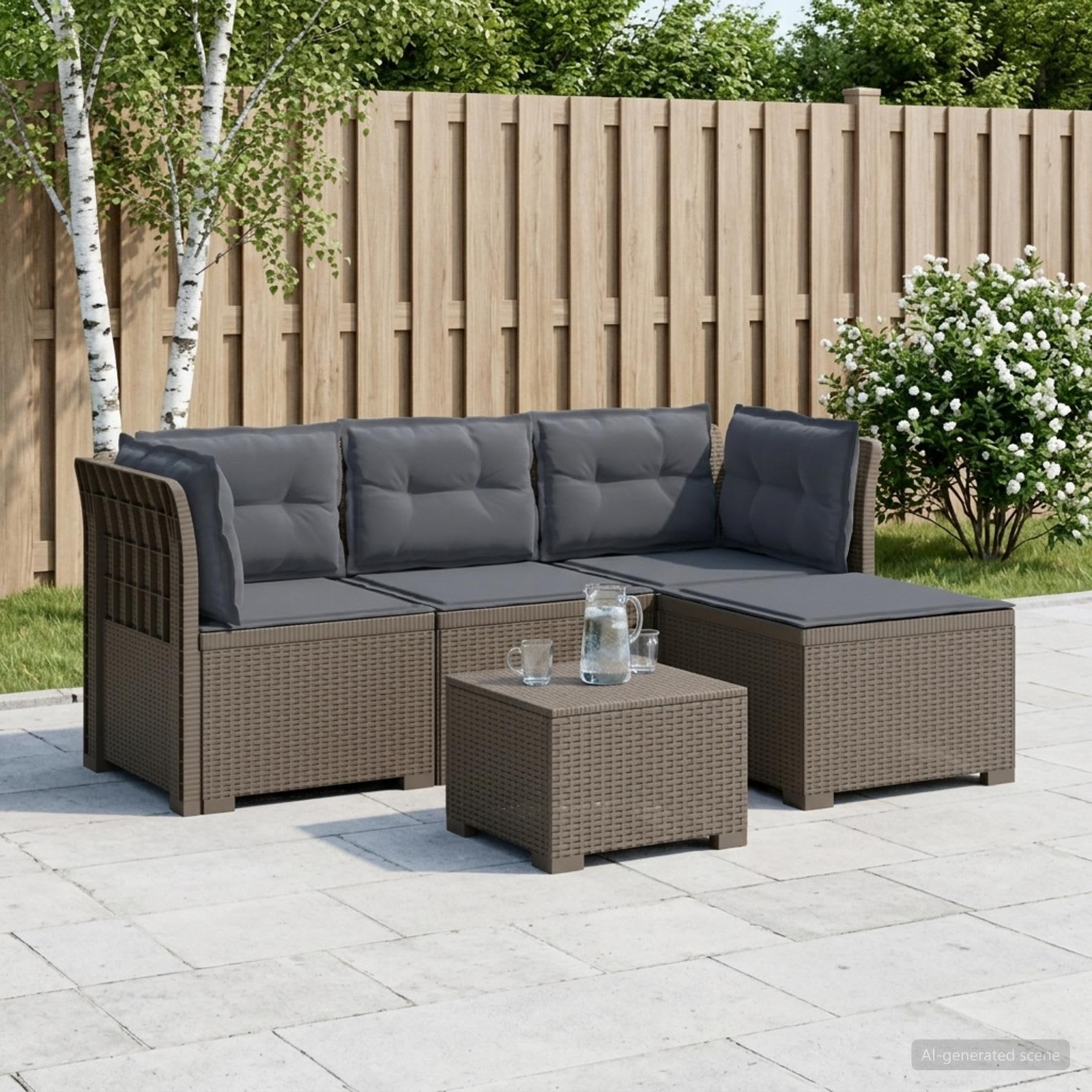 4-personers have sofa med hynder i rattan-look PP lysegrå
