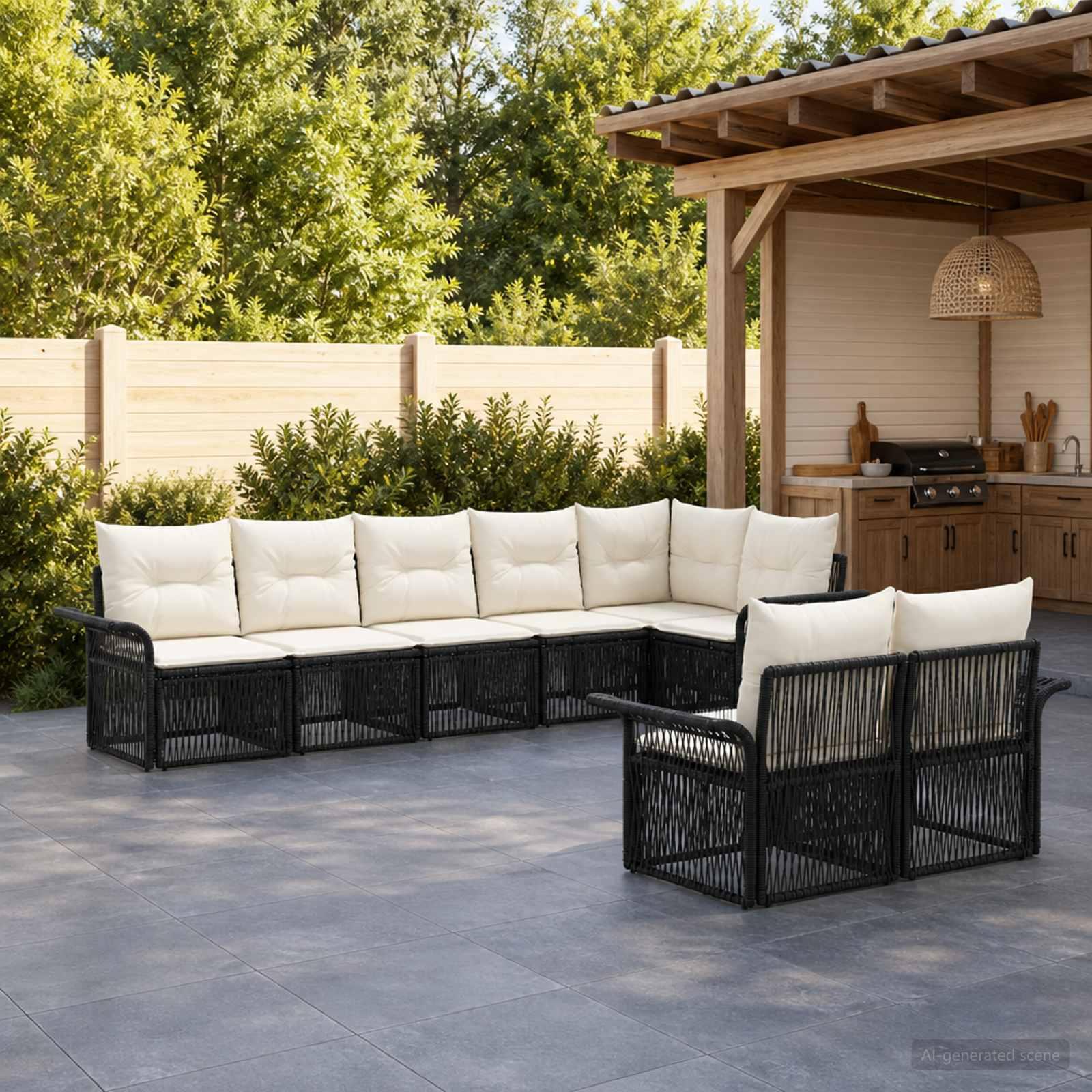 Havesofa sæt 8 stk. i sort polyrattan med cremehvide puder