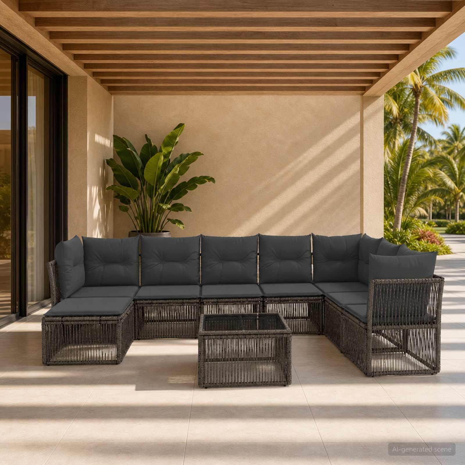 Havesofa sæt 9 stk. i grå polyrattan til terrasse og have