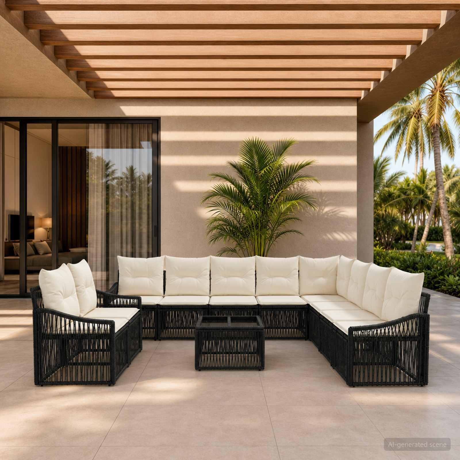 Havesofa sæt 11 stk. i sort polyrattan med moduldesign