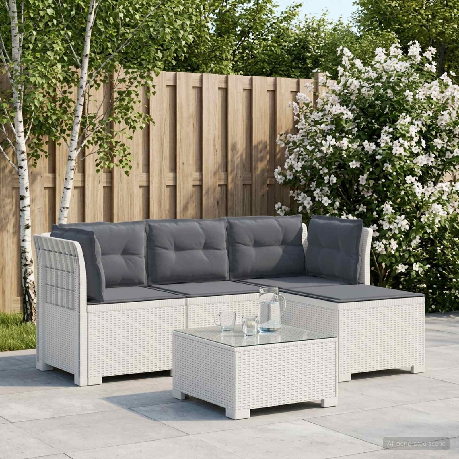 4-personers havesofa loungesæt med hynder i rattan-look PP hvid