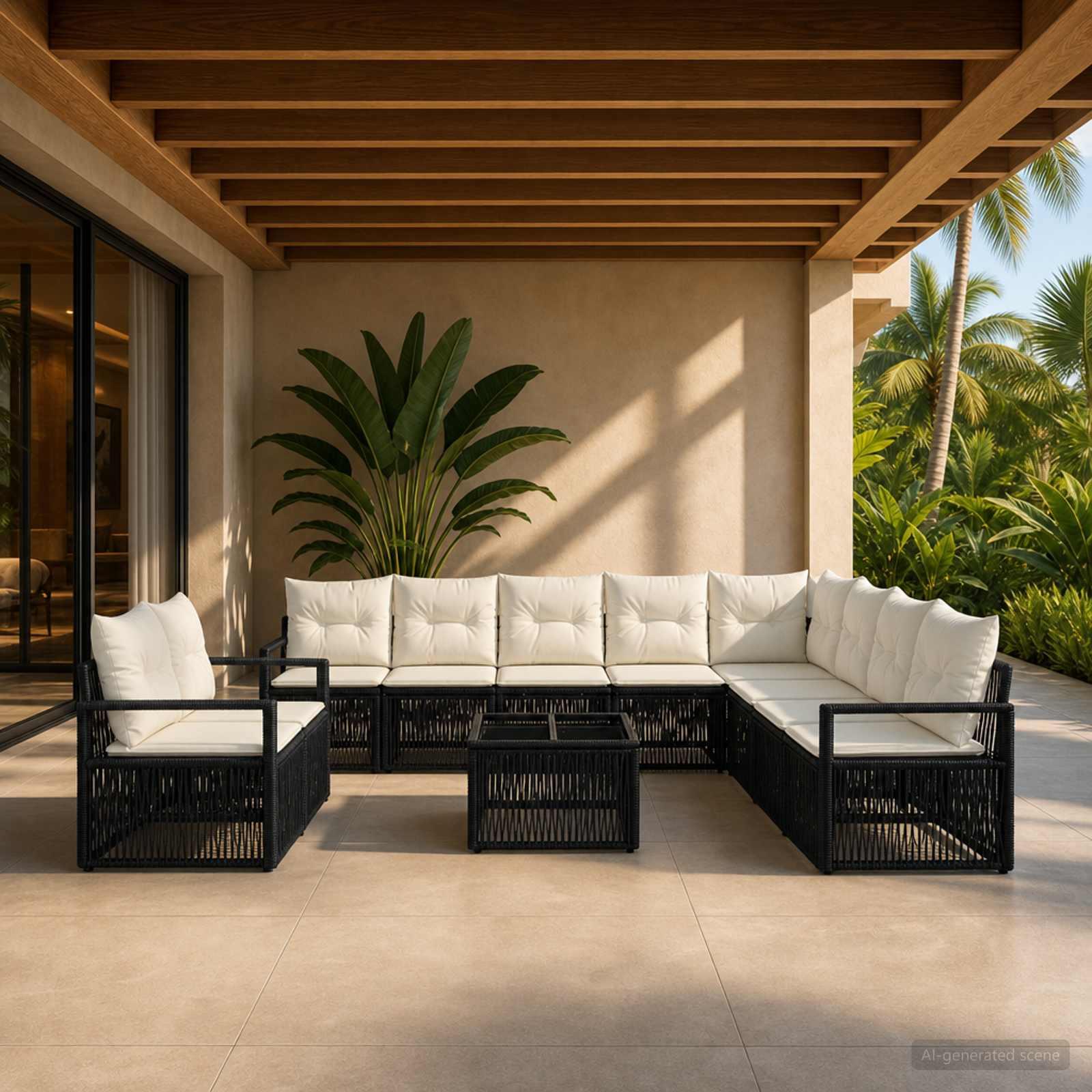 Havesofa sæt 11 stk. i sort polyrattan modulært loungesæt