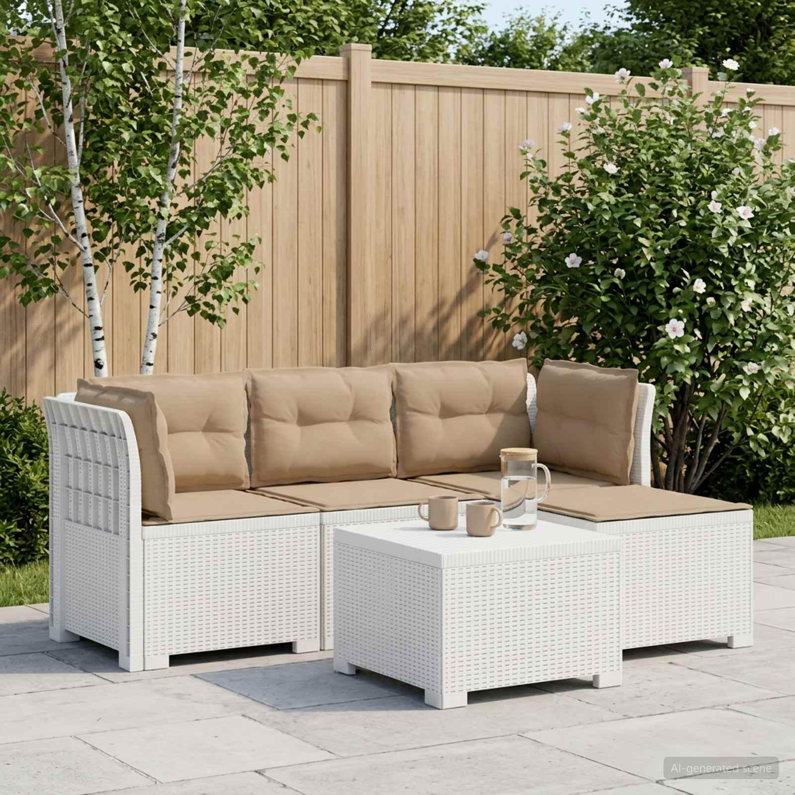 4-personers havesofa med hynder i rattan look PP hvid