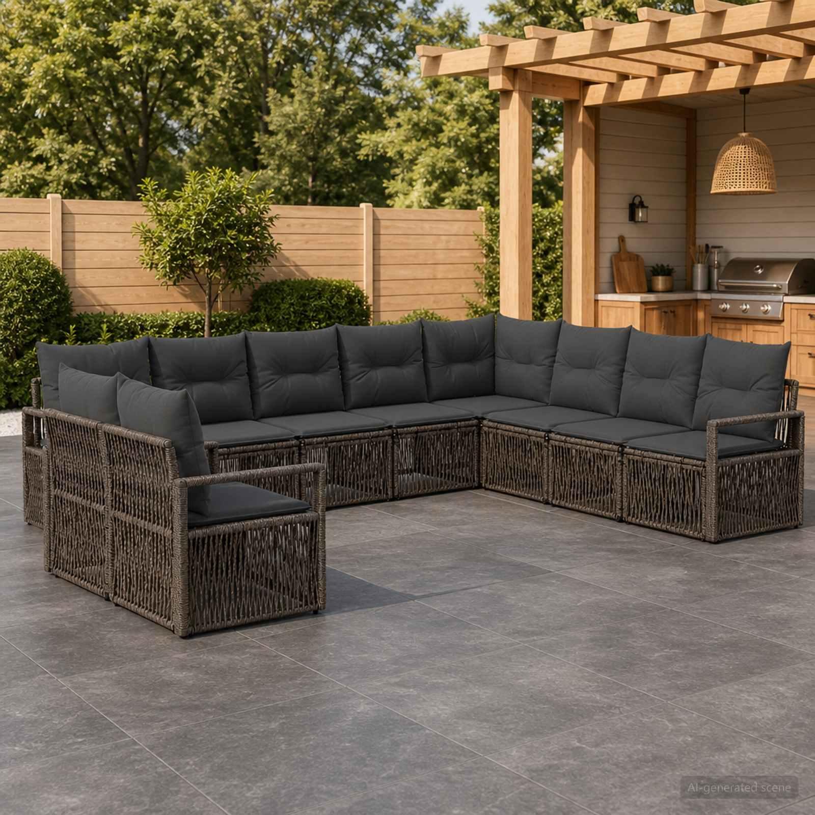 Havesofa sæt 10 stk. i grå polyrattan - modulært loungesæt til terrasse og have