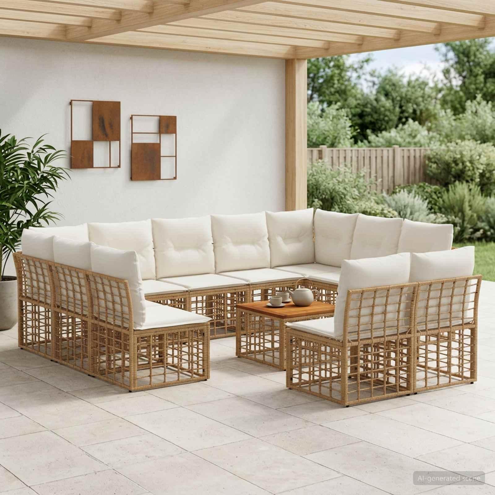 Udendørs sofagruppe 12 stk. i polyrattan - naturlig og cremehvid