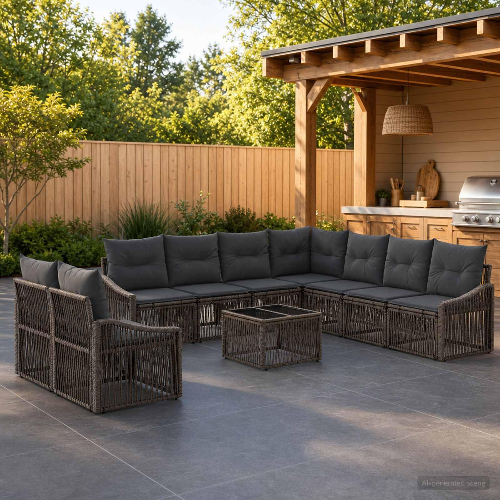 Havesofa sæt 10 stk. i grå polyrattan - modulært loungesæt til have og terrasse