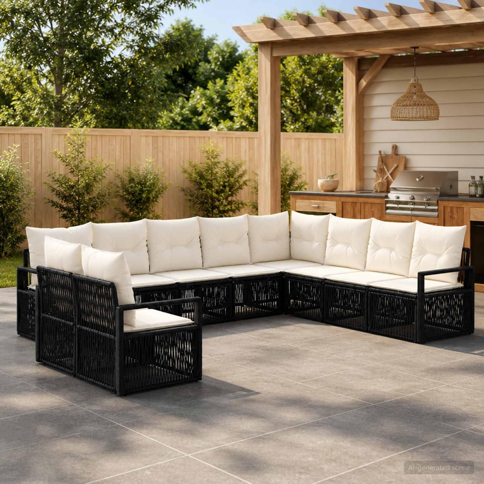 Havesofa sæt 10 stk. i sort polyrattan modulsofa