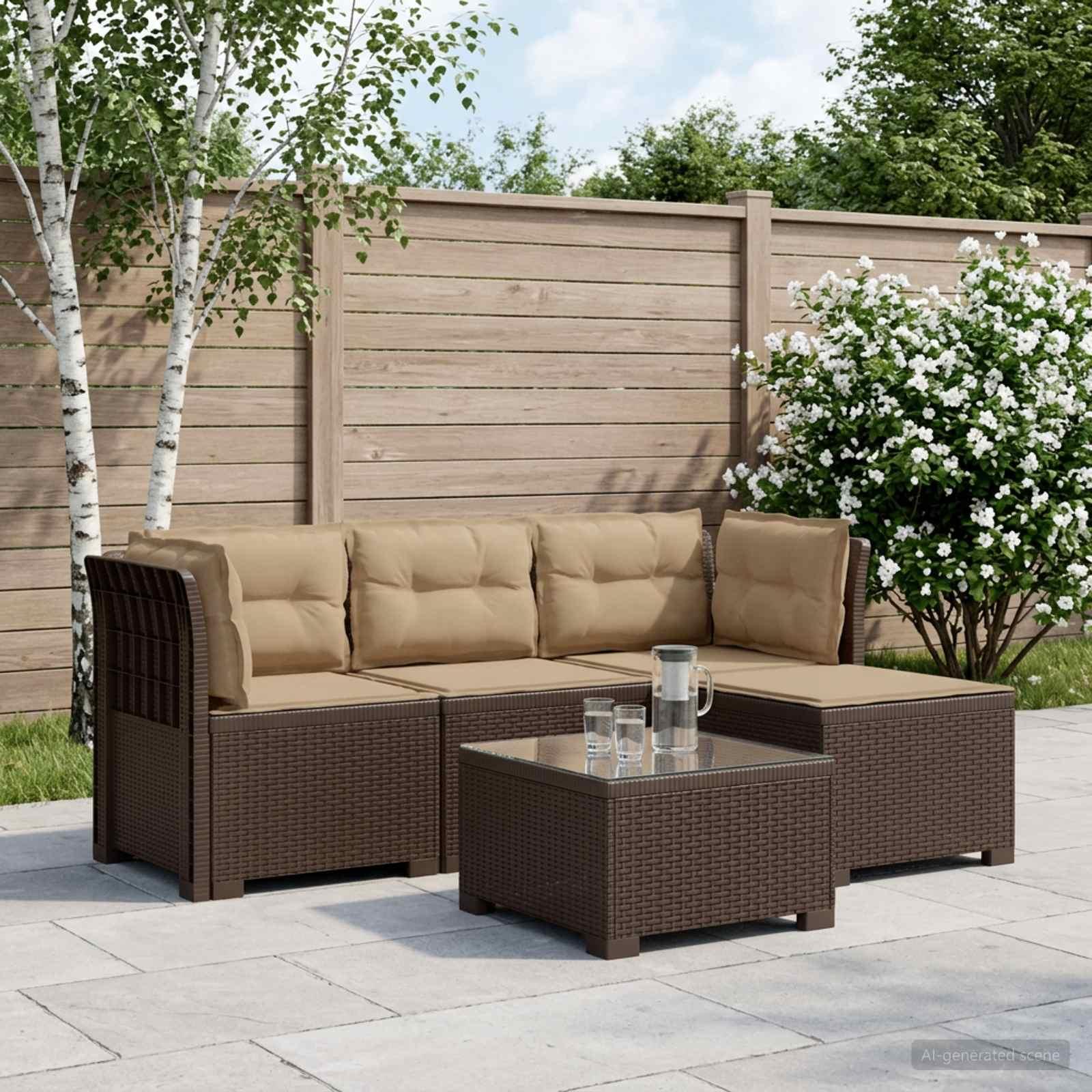 4-personers havesofa med hynder i rattan-look PP brun