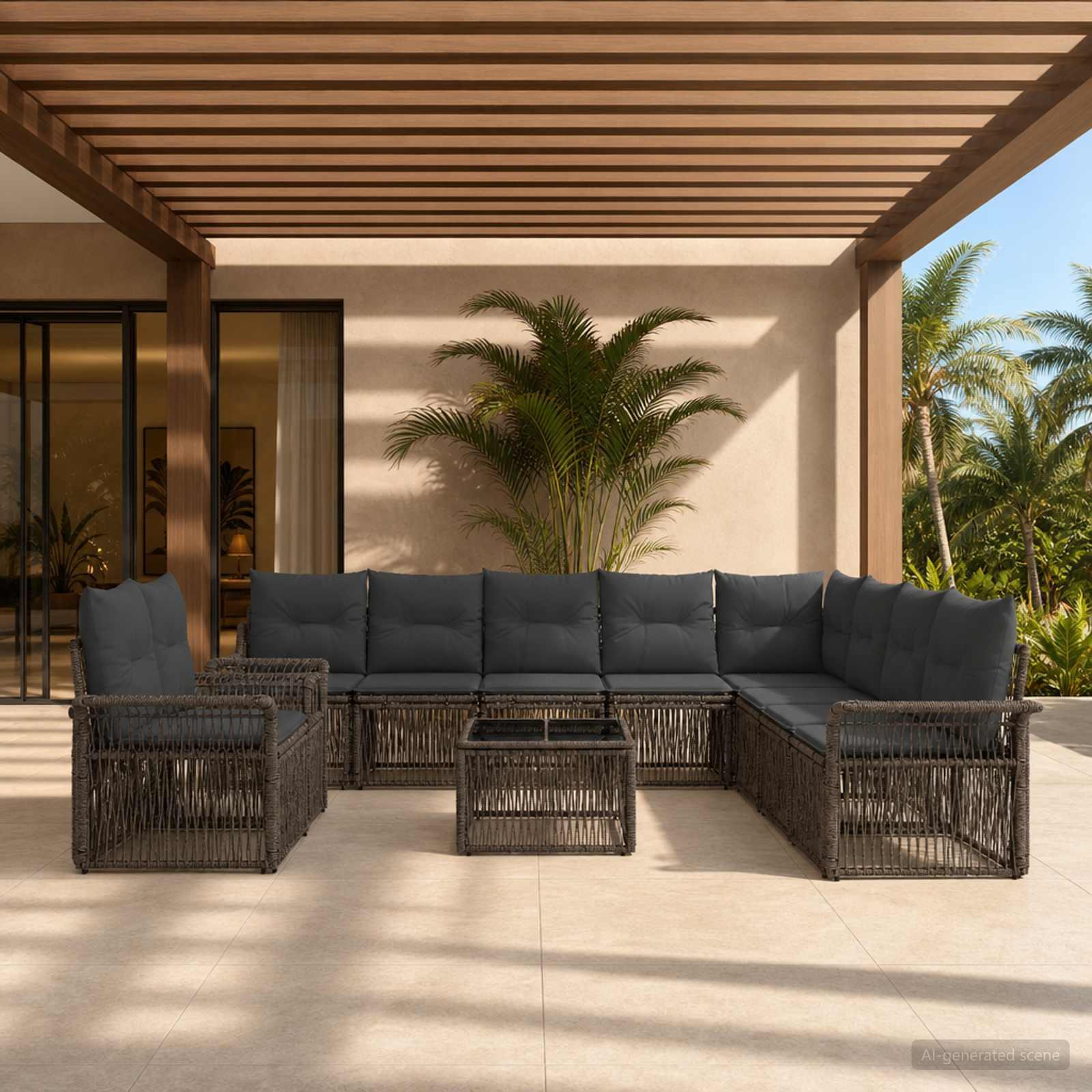 Havesofa sæt 11 stk. i grå polyrattan modulsofa til have og terrasse
