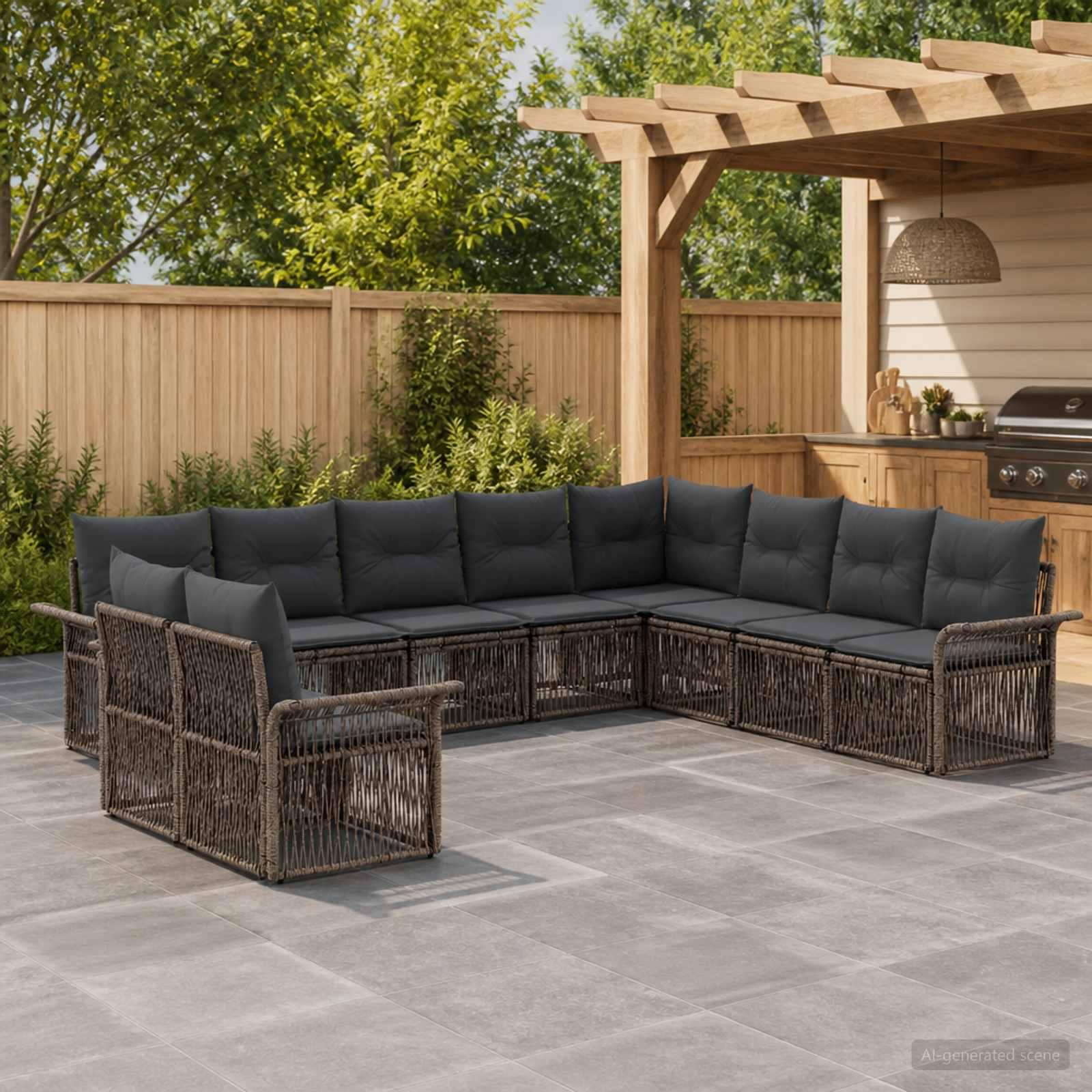 Havesofa sæt 10 stk. i grå polyrattan modulsofa til terrasse