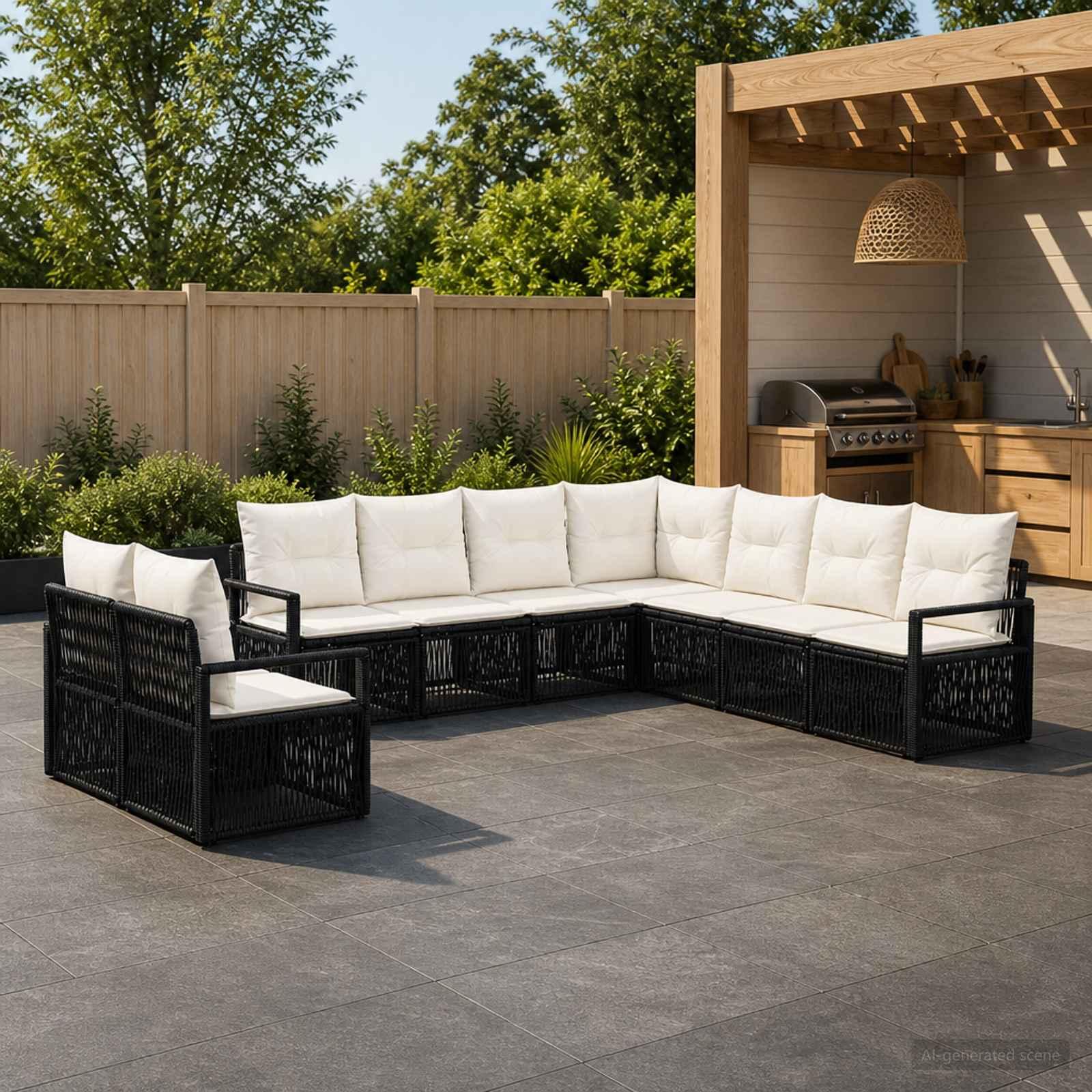 Havesofa sæt 9 stk. i sort polyrattan med lyse hynder
