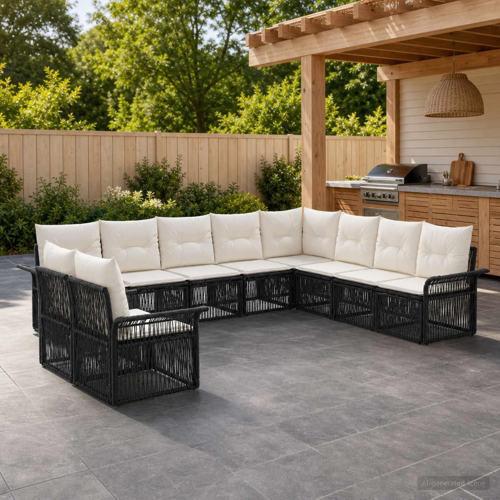 Havesofa sæt 10 stk. i sort polyrattan med moduldesign