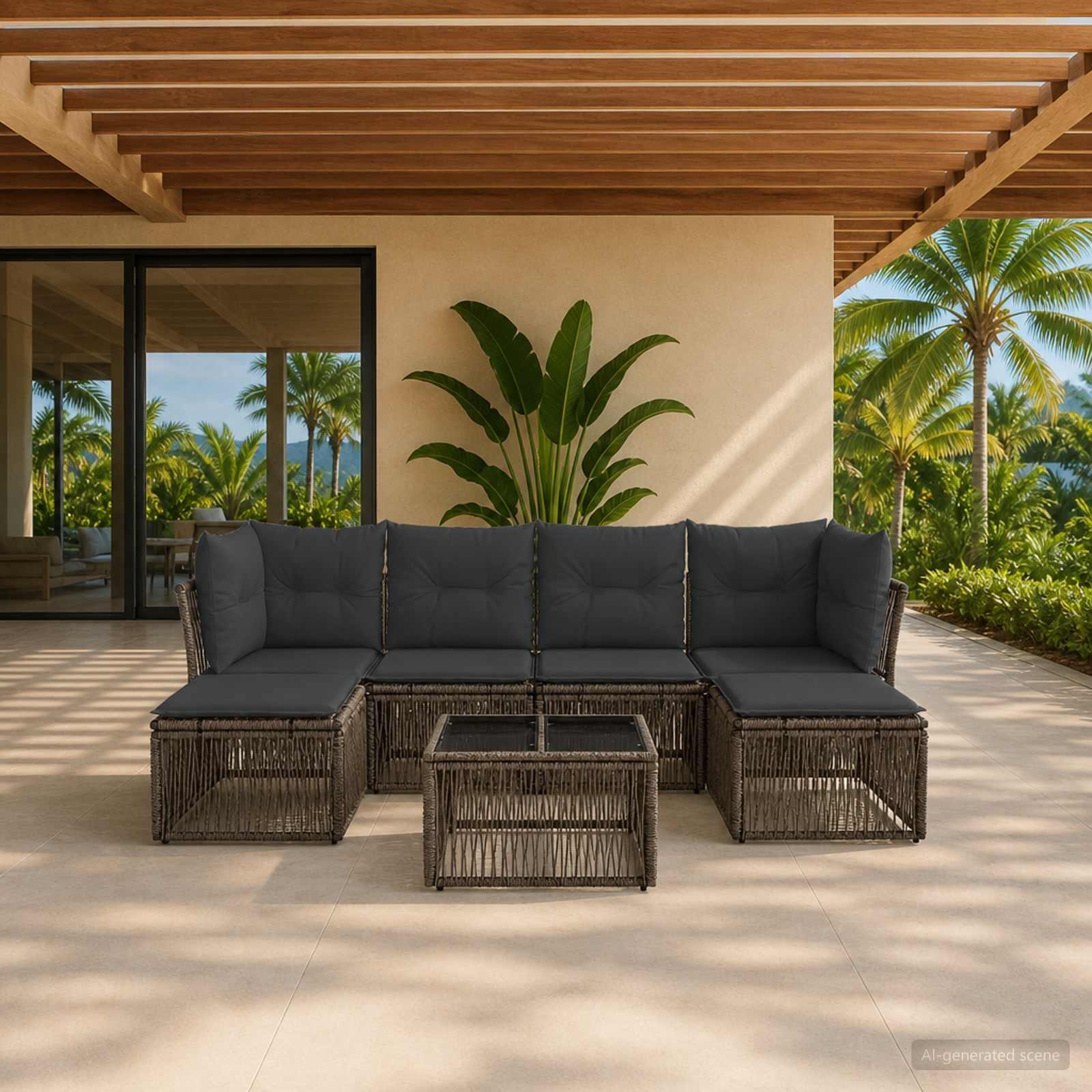 Havesofa sæt 7 stk. i grå polyrattan med moduldesign