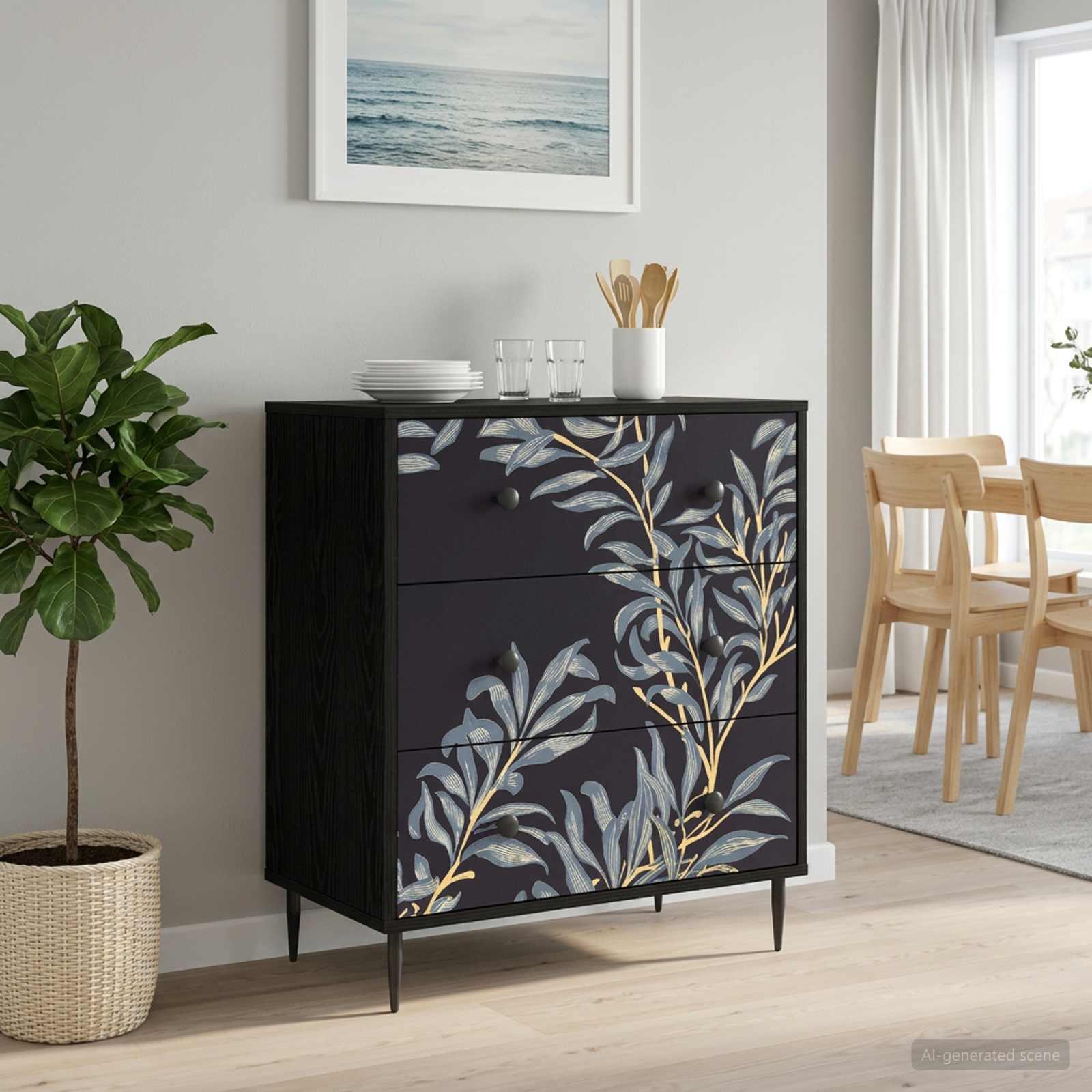 Skuffeskab DOKKUM med 3 skuffer - sort eg med blå bregneprint 66 x 36,5 x 76 cm