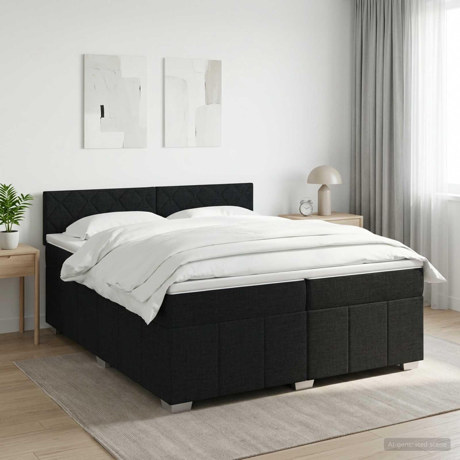 Boxmadras med topmadras og justerbart hovedgærde 200 x 200 cm sort stof