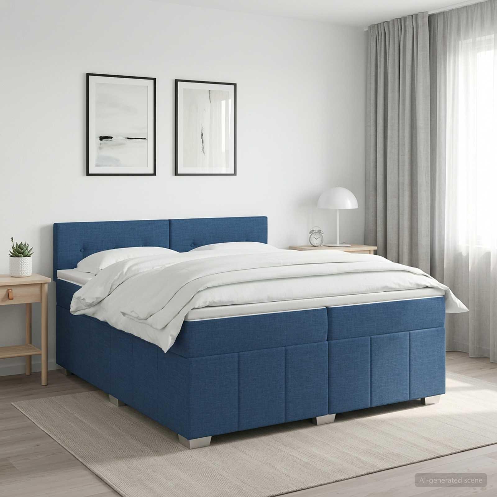 Kontinentalseng med madras, topmadras og hovedgærde 200 x 200 cm - blå stof