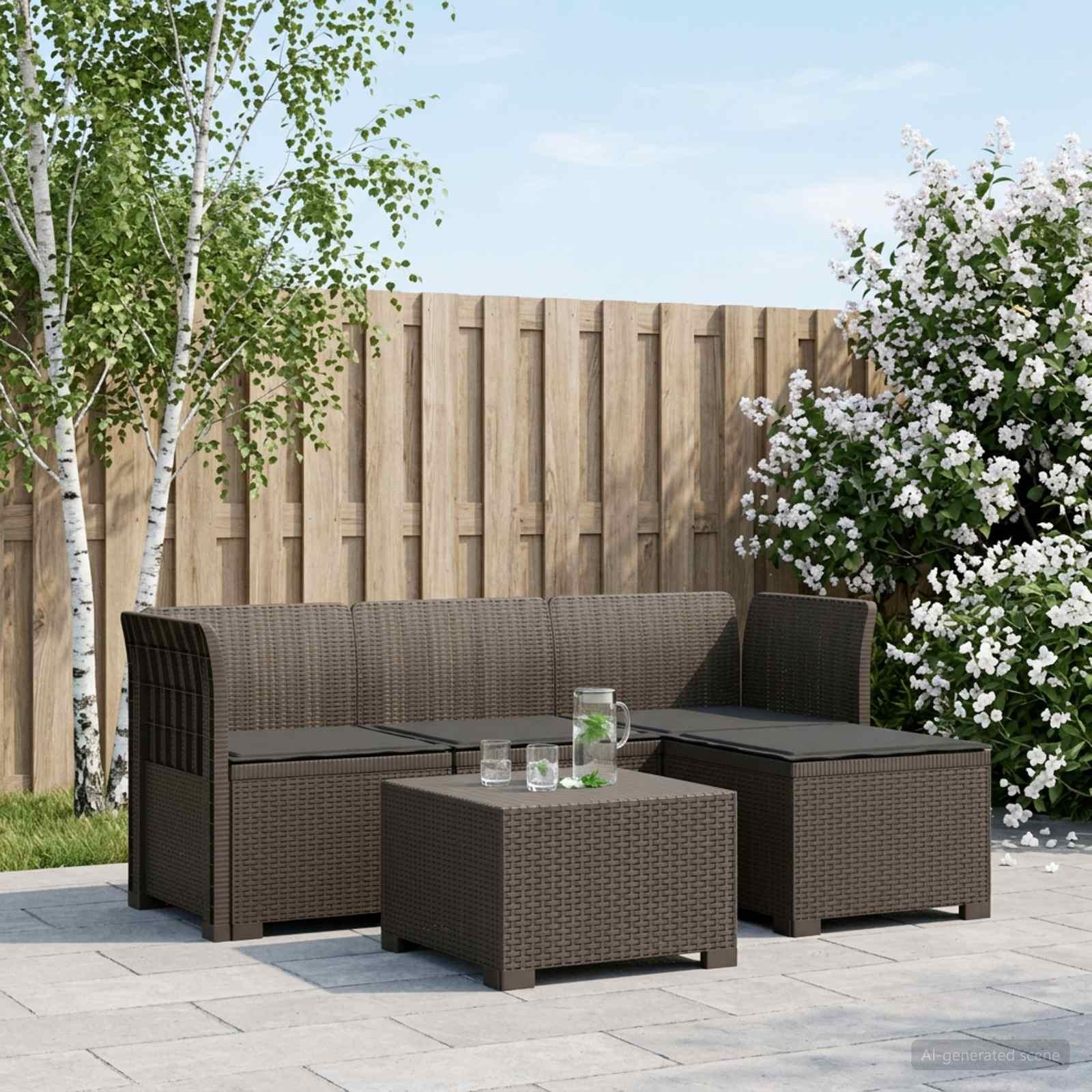 4-personers havesofa med hynder i rattan-look PP lysegrå