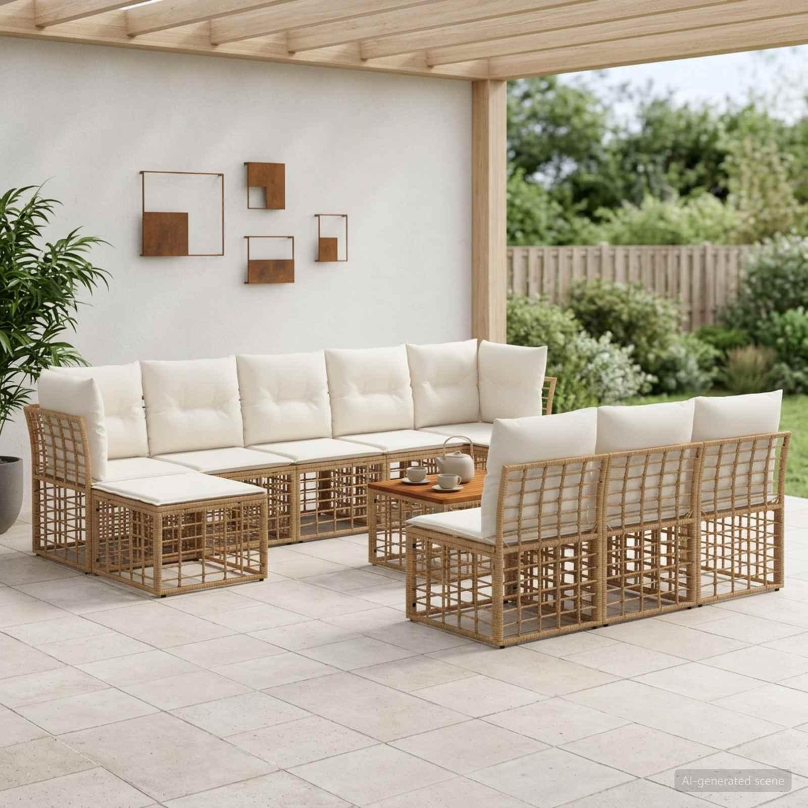 Udendørs sofagruppe 11 stk. i polyrattan - naturlig og creme hvid