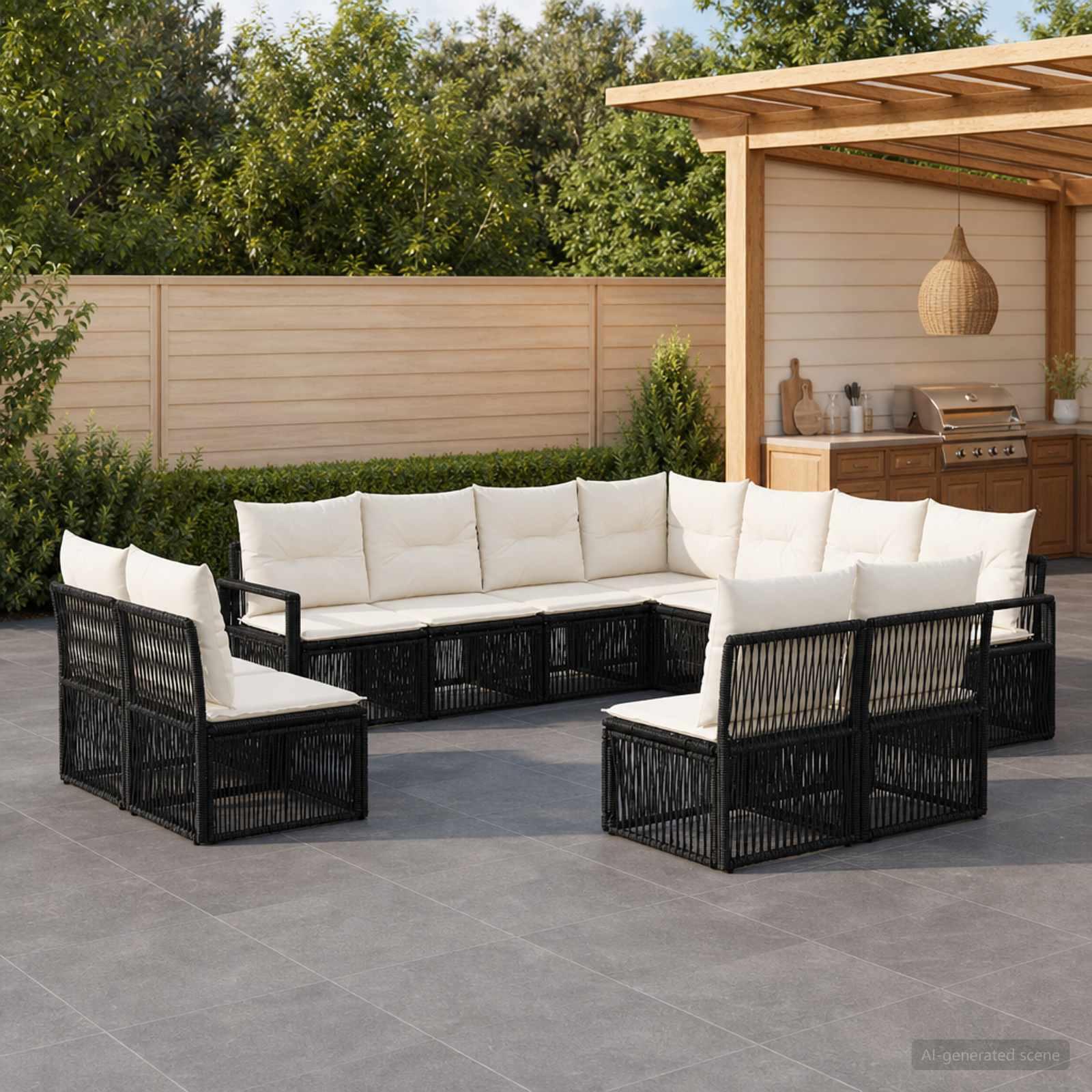 Havesofa sæt 11 stk. i sort polyrattan - modulært loungesæt