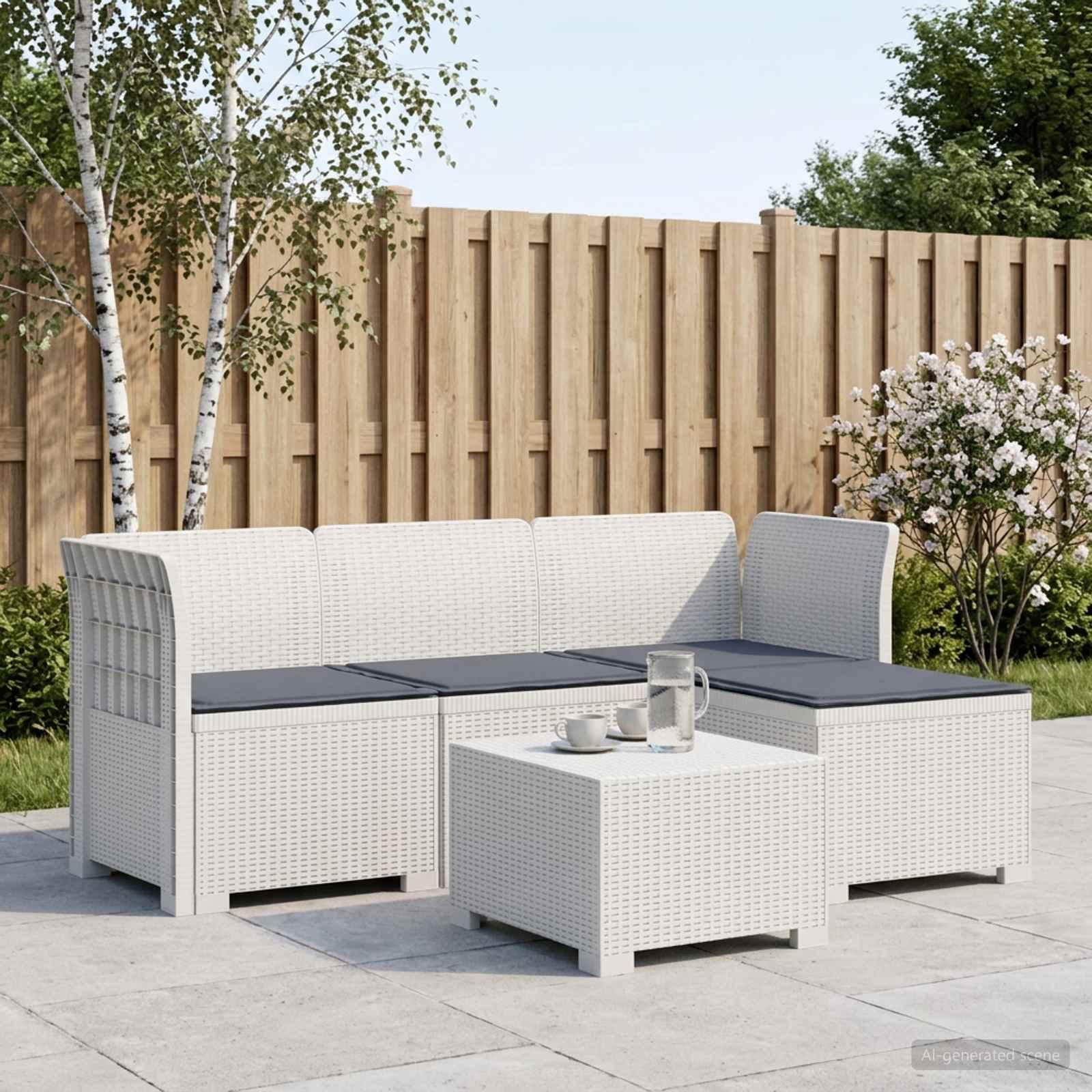 4-personers havesofa med hynder i rattan-look PP - hvid