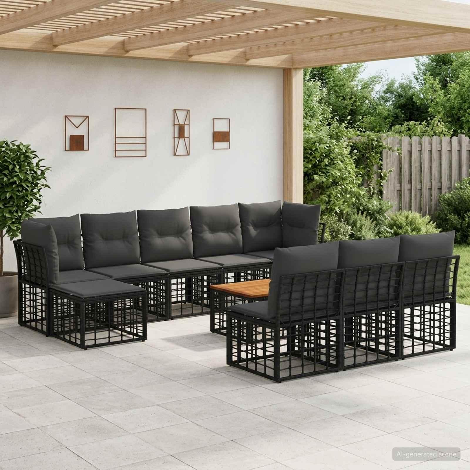 Udendørs sofagruppe 11 stk. i polyrattan - sort og mørkegrå
