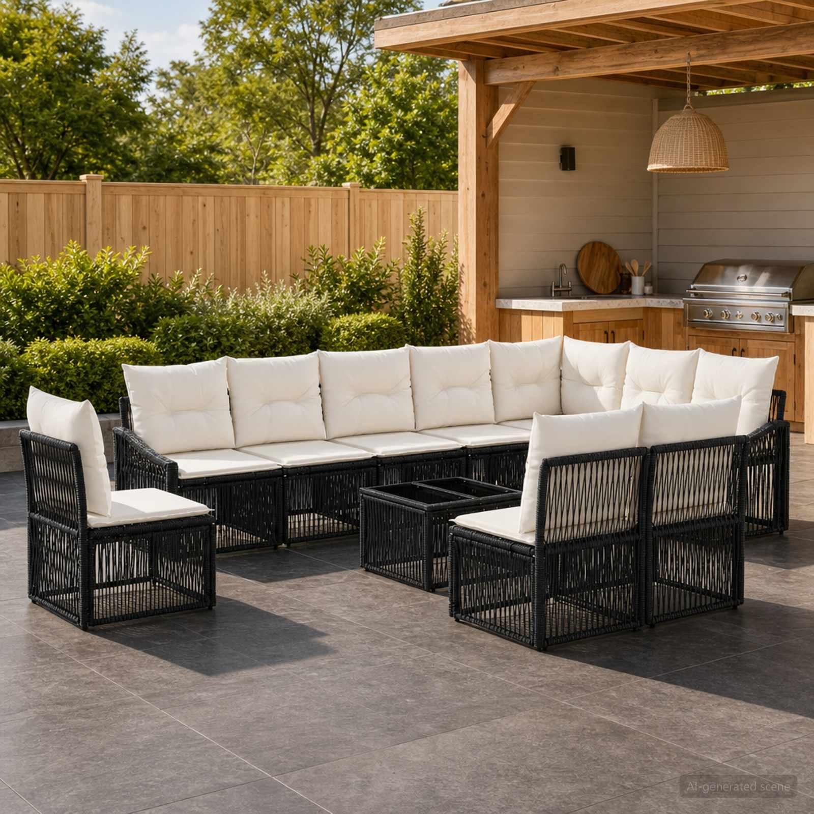 Havesofa sæt 11 dele i sort polyrattan til terrasse og have