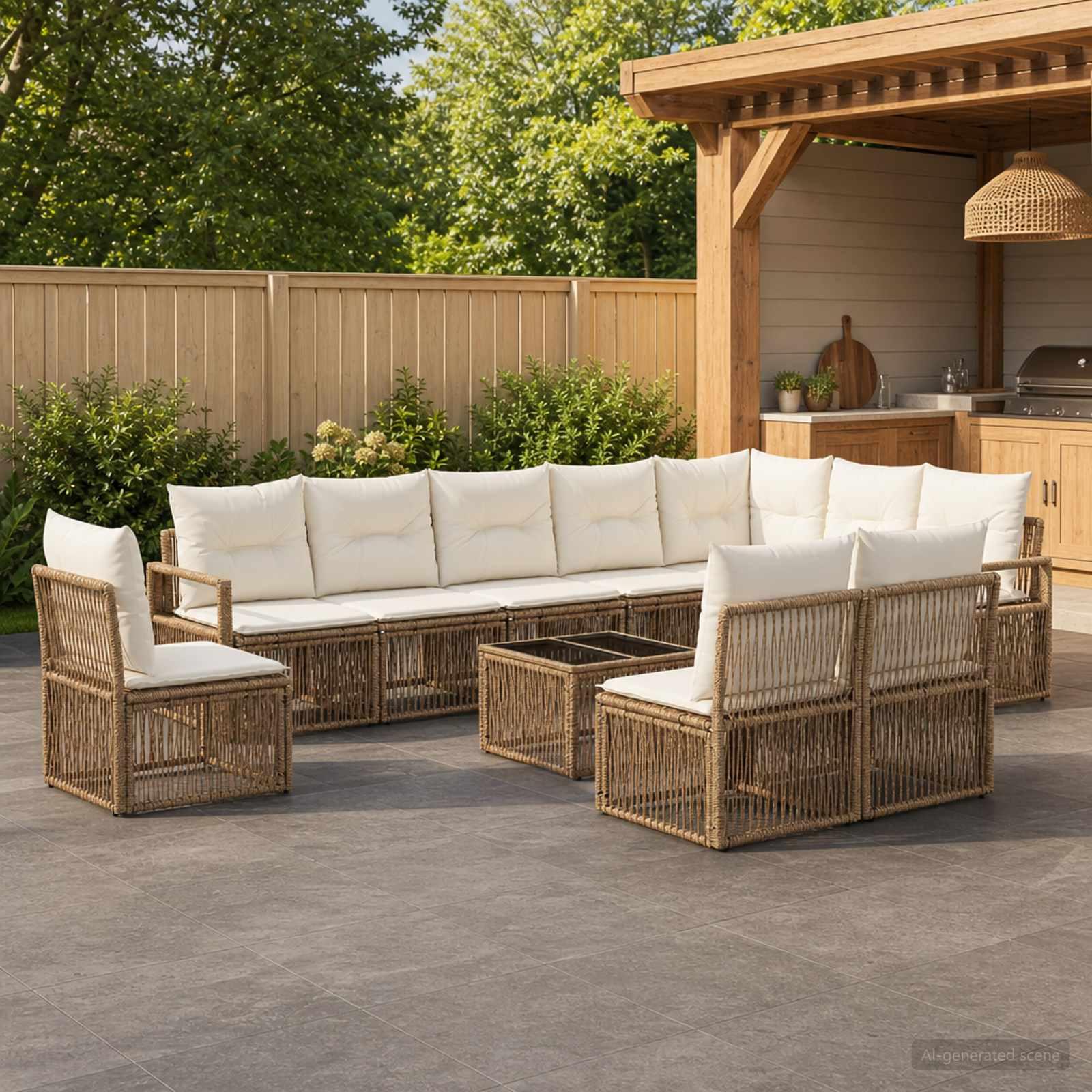 Havesofa sæt 11 stk. i beige polyrattan - modulært lounge sæt til have og terrasse
