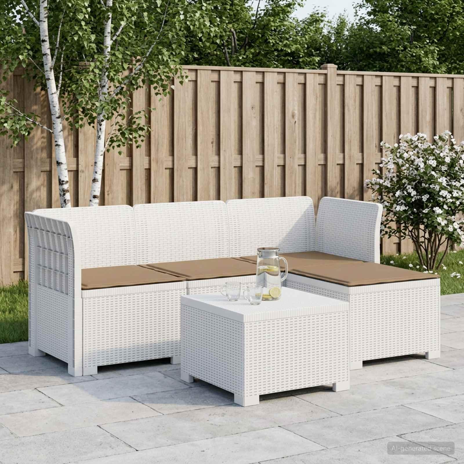 4-personers havesofa med hynder i rattan-look PP - hvid