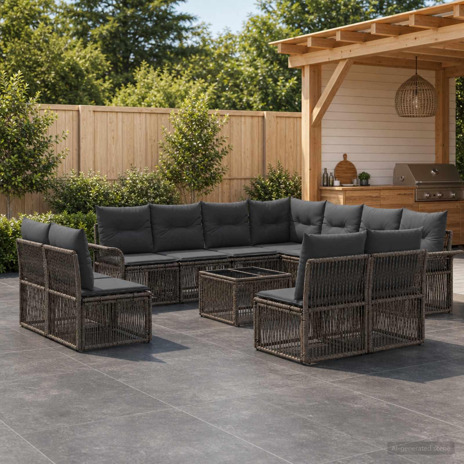 Havesofa sæt 12 stk. i grå polyrattan til have og terrasse
