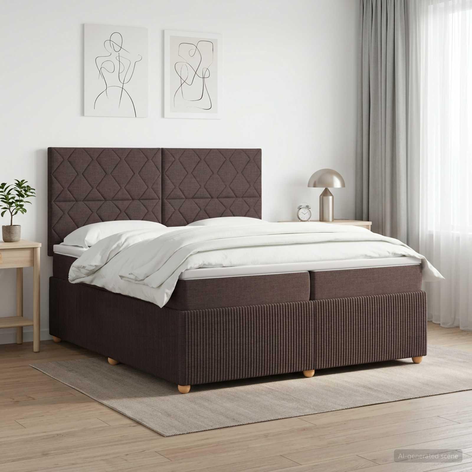 Boksmadras seng med topmadras mørk brun 200 x 200 cm stof
