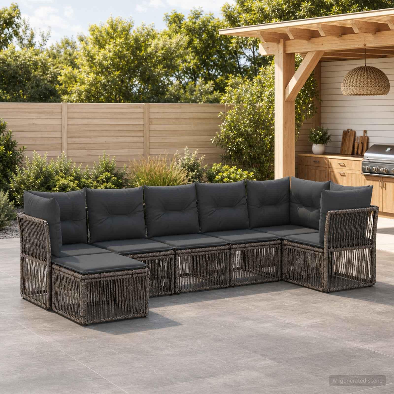 Havesofa sæt 7 stk. i grå polyrattan - modulært loungesæt
