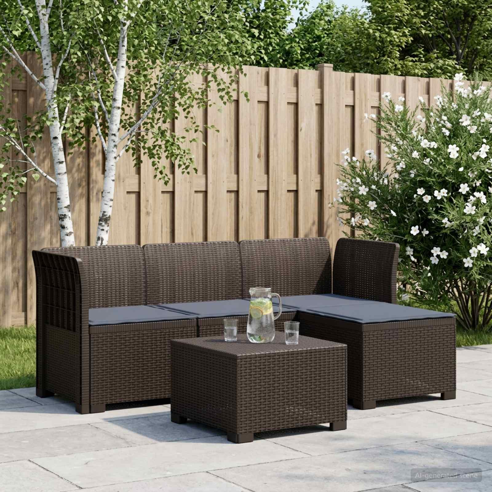 4-personers havesofa med hynder i rattan-look PP brun