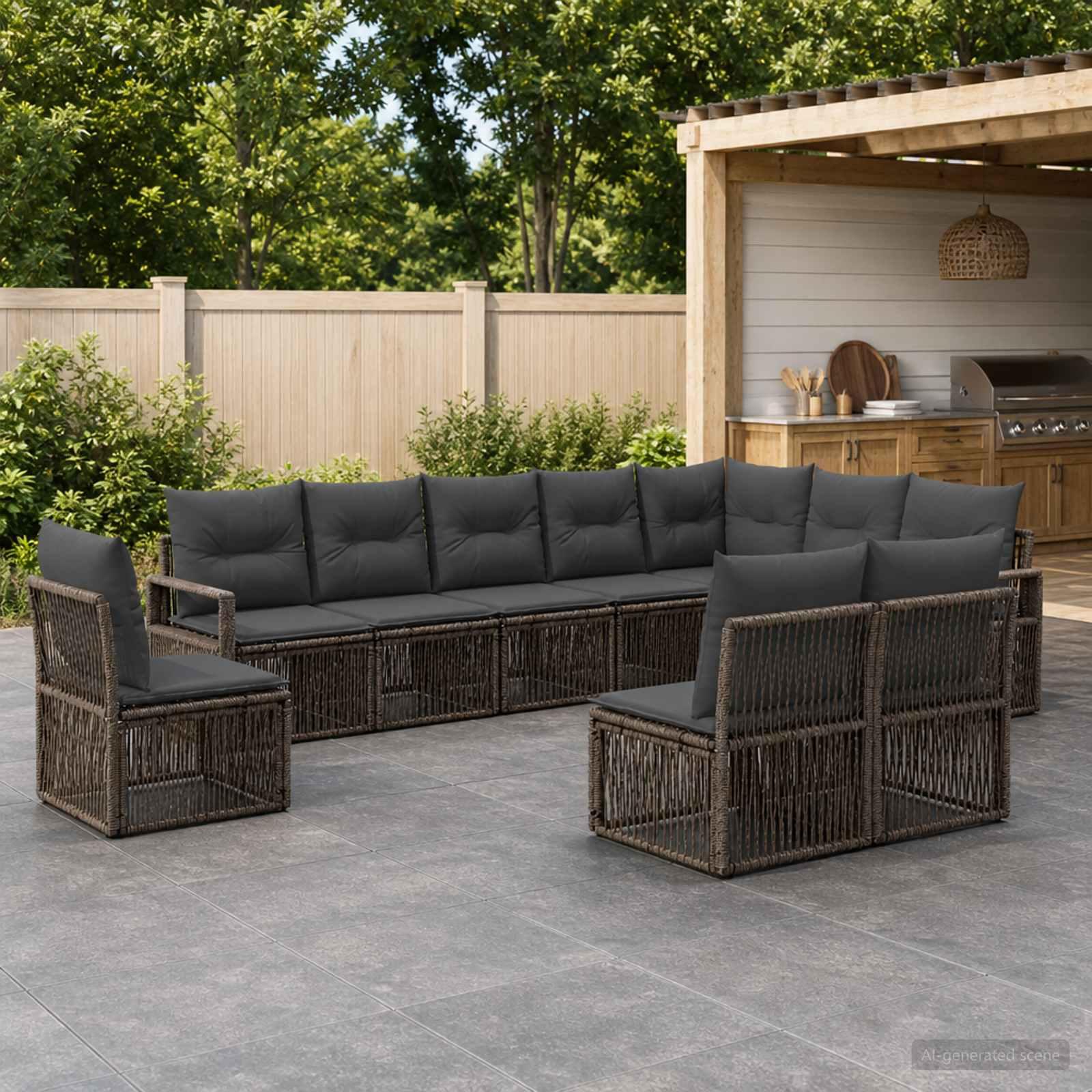 Havesofa sæt 10 stk. i grå polyrattan til terrasse og have