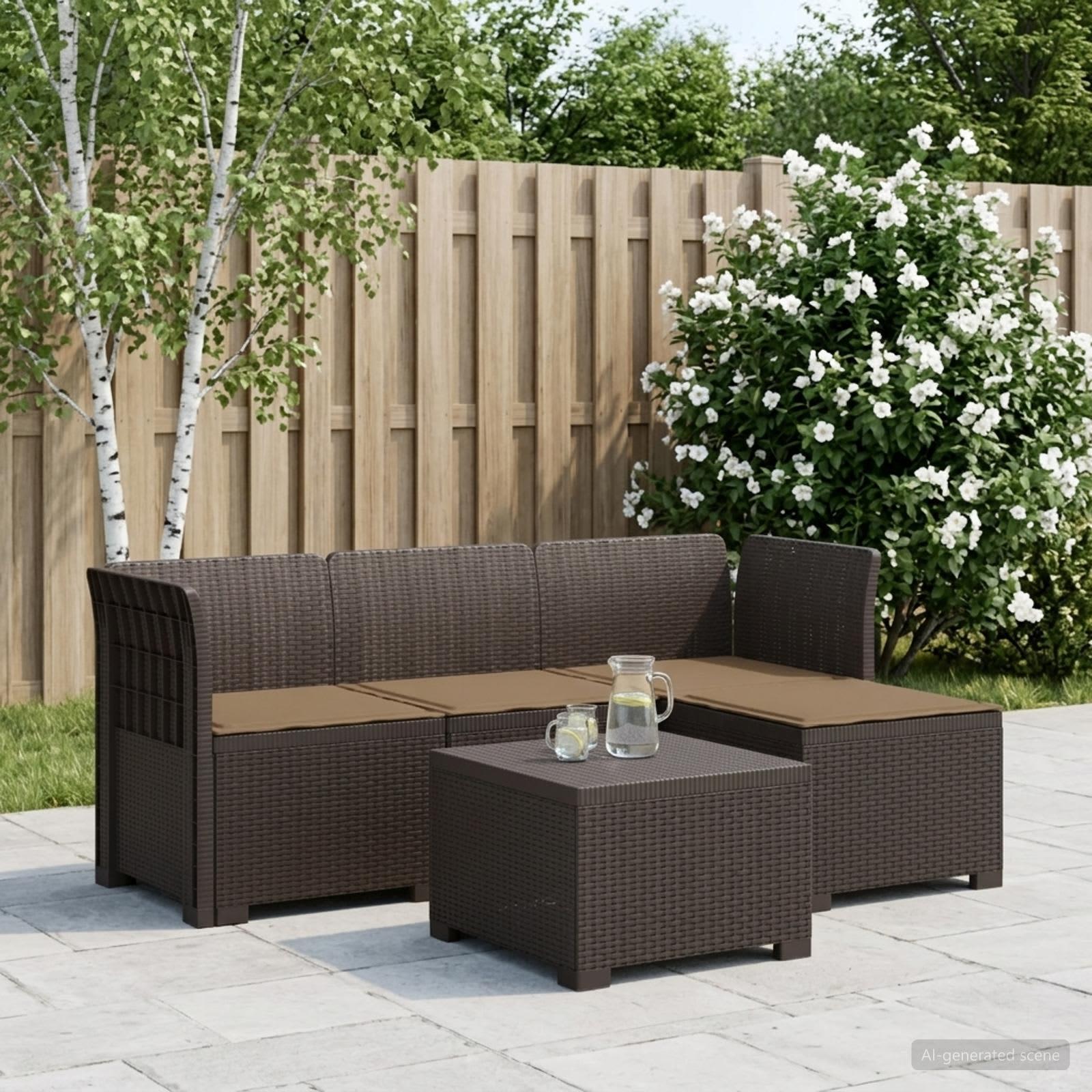 4-personers havesofa loungesæt med hynder i rattan-look PP brun