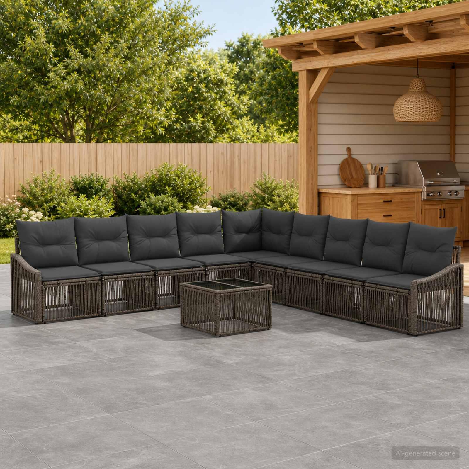 Havesofa sæt 10 stk. i grå polyrattan - modulært loungesæt til have og terrasse