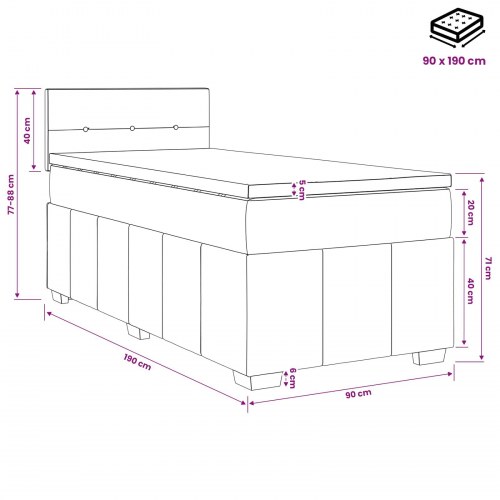 Boxmadras seng med topmadras og hovedgærde 90 x 190 cm lysegrå stof