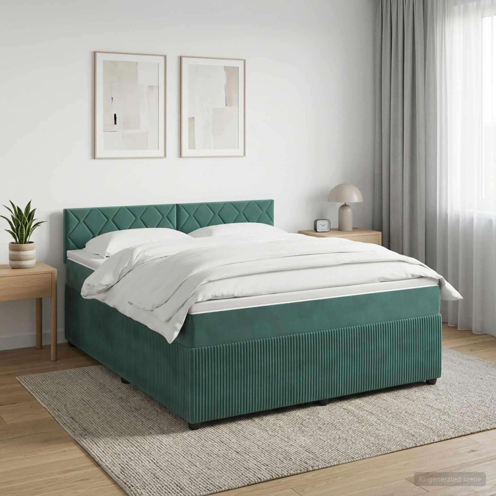 Boksmadrasseng med topmadras 140 x 190 cm i mørkegrøn fløjl