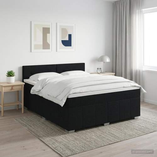 Boxmadras med topmadras og hovedgærde 180 x 200 cm sort stof