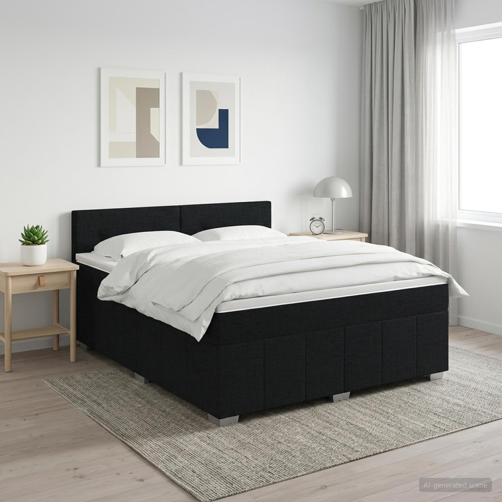Boxmadras med topmadras og hovedgærde 180 x 200 cm sort stof