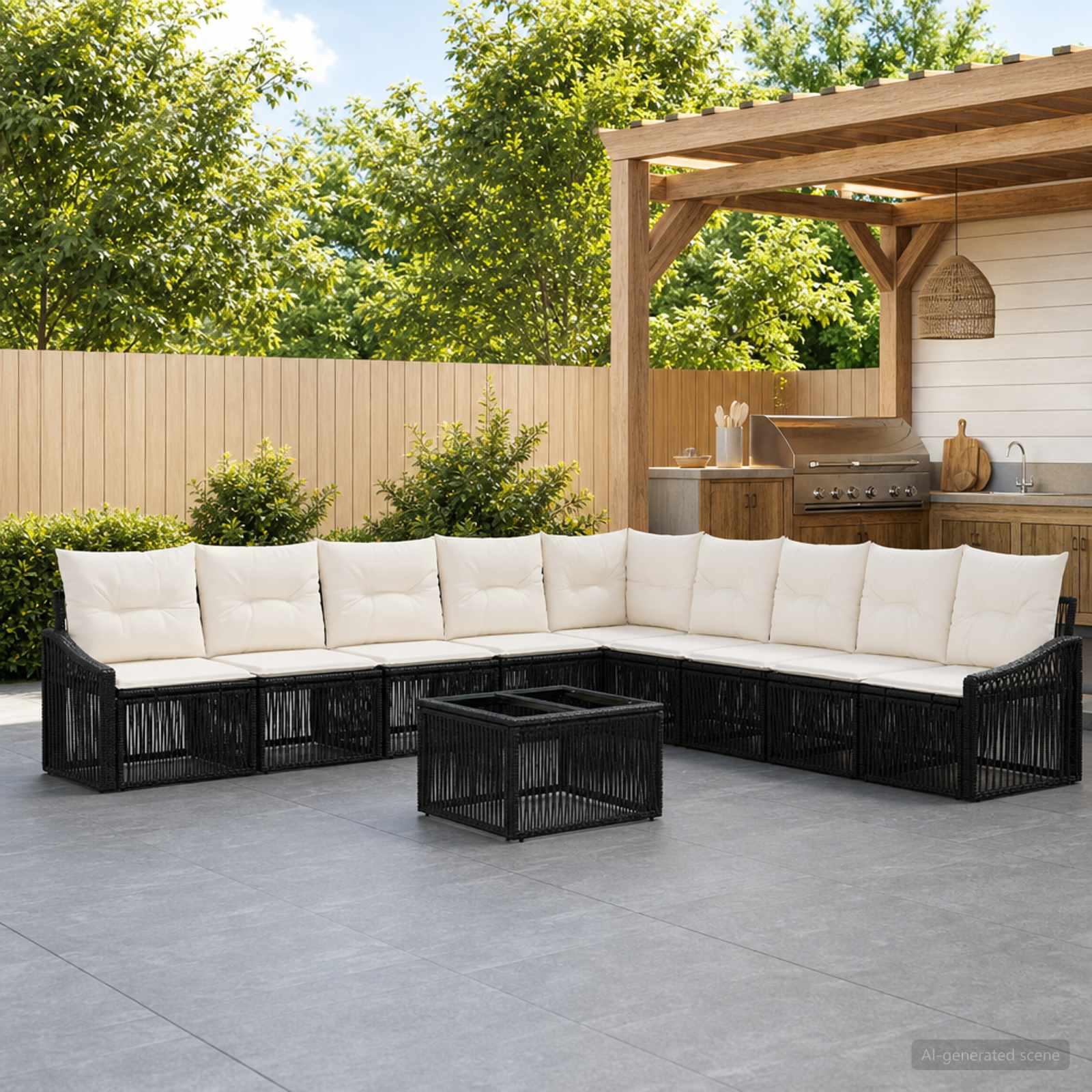 Havesofa sæt 10 stk. i sort polyrattan modulsofa til have og terrasse