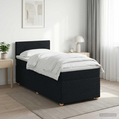 Boxmadras med topmadras og hovedgærde 90 x 190 cm sort stof