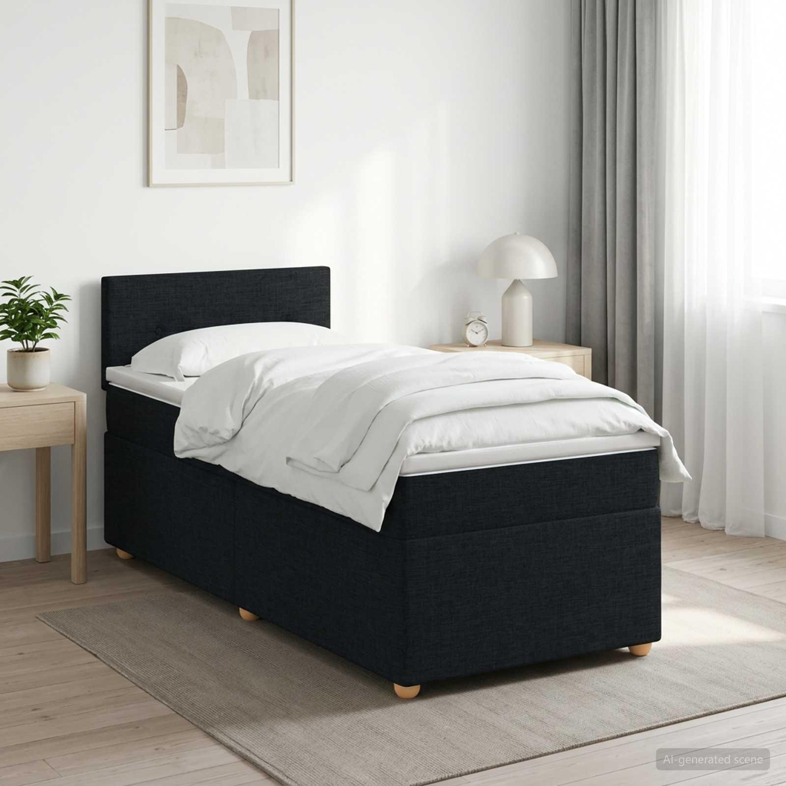 Boxmadras med topmadras og hovedgærde 90 x 190 cm sort stof