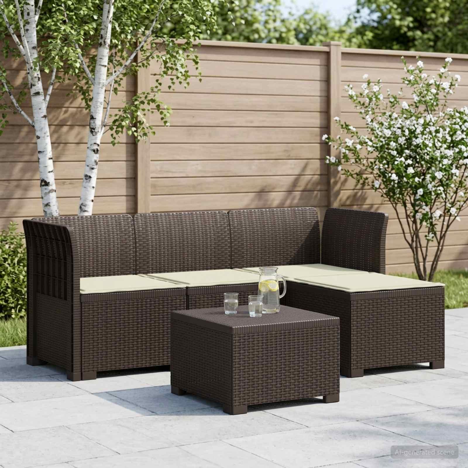 4-personers havesofa med hynder i rattan-look PP brun