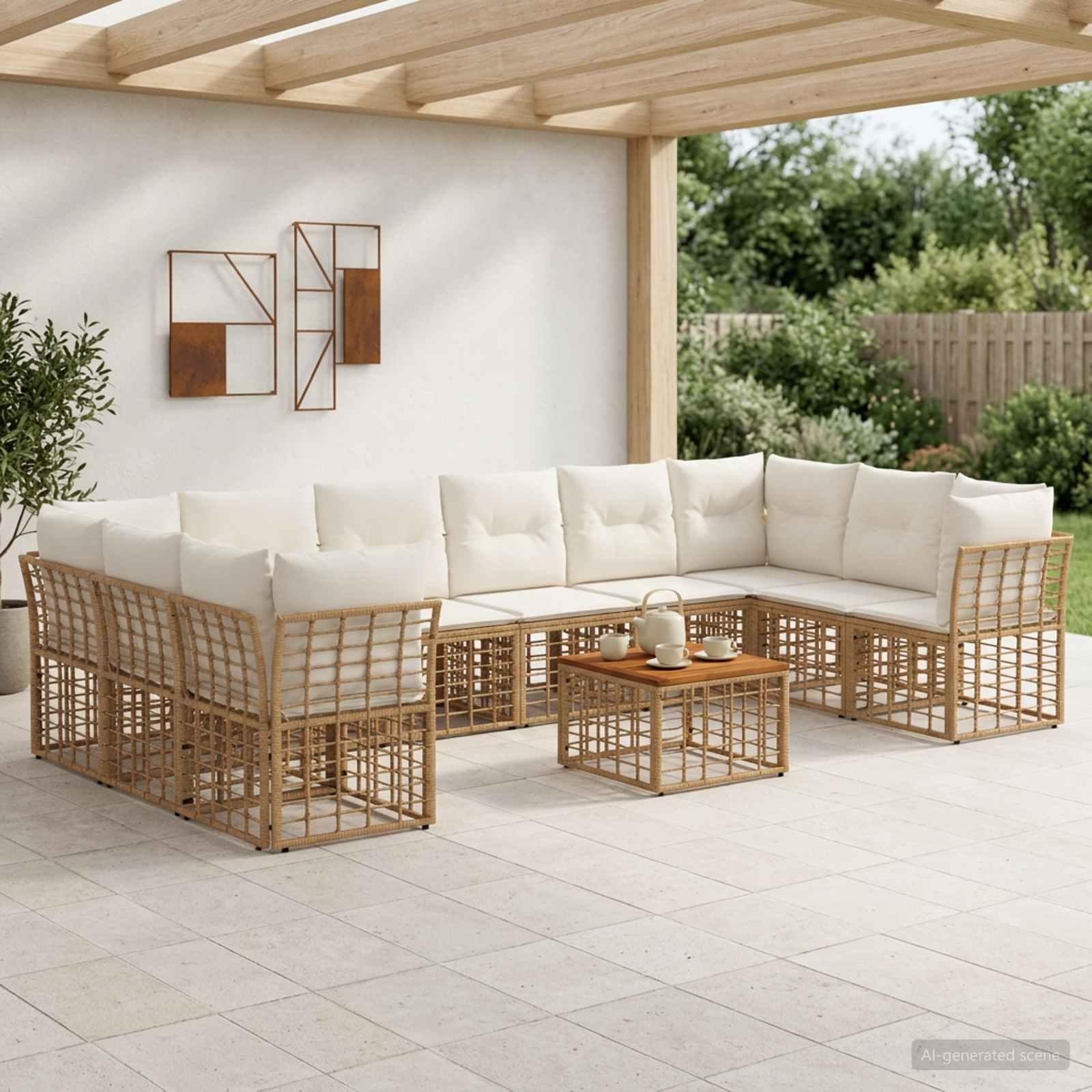 Udendørs sofagruppe 11 stk. i poly rattan - naturlig og cremehvid