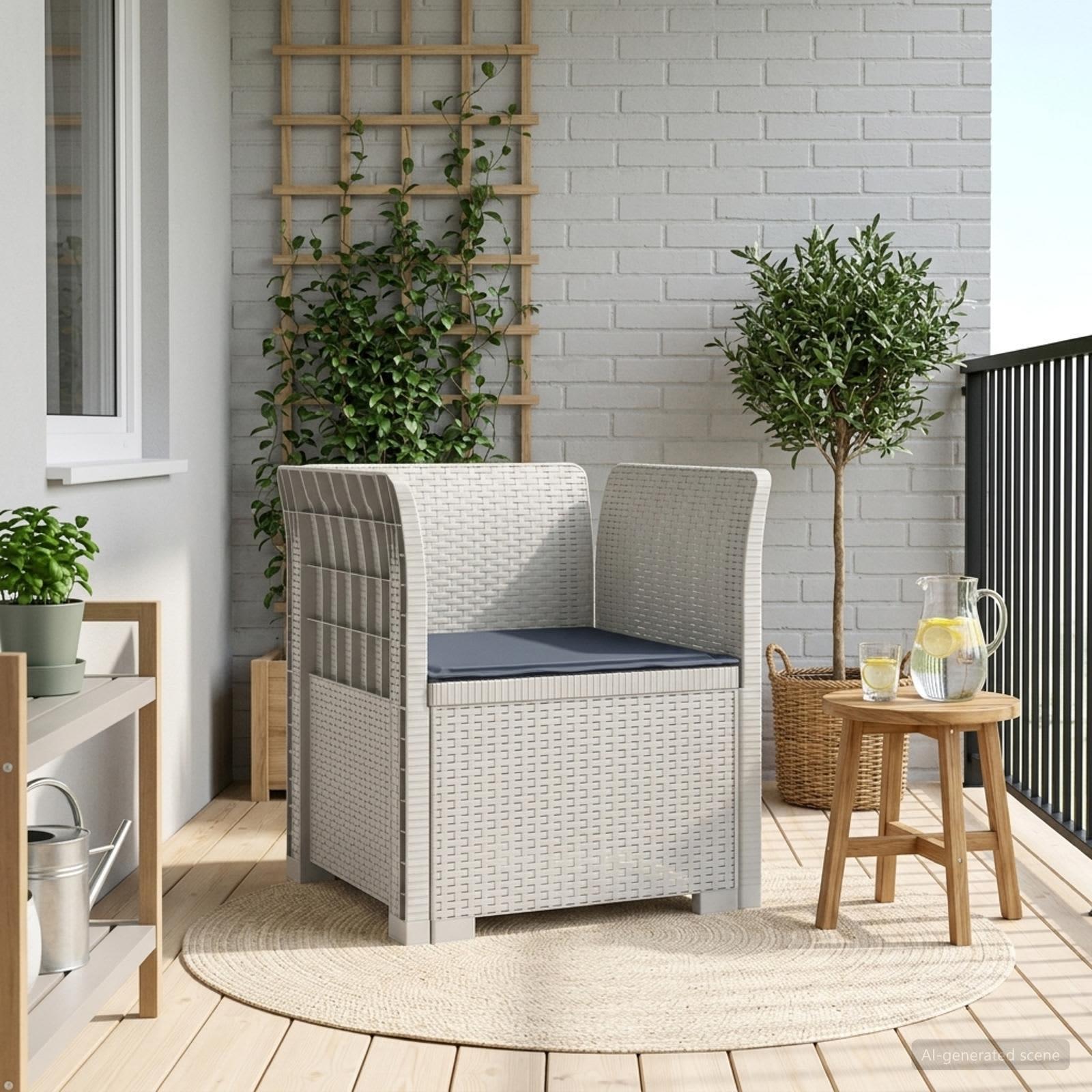 1-personers lænestol til have med pude i rattan look PP - hvid