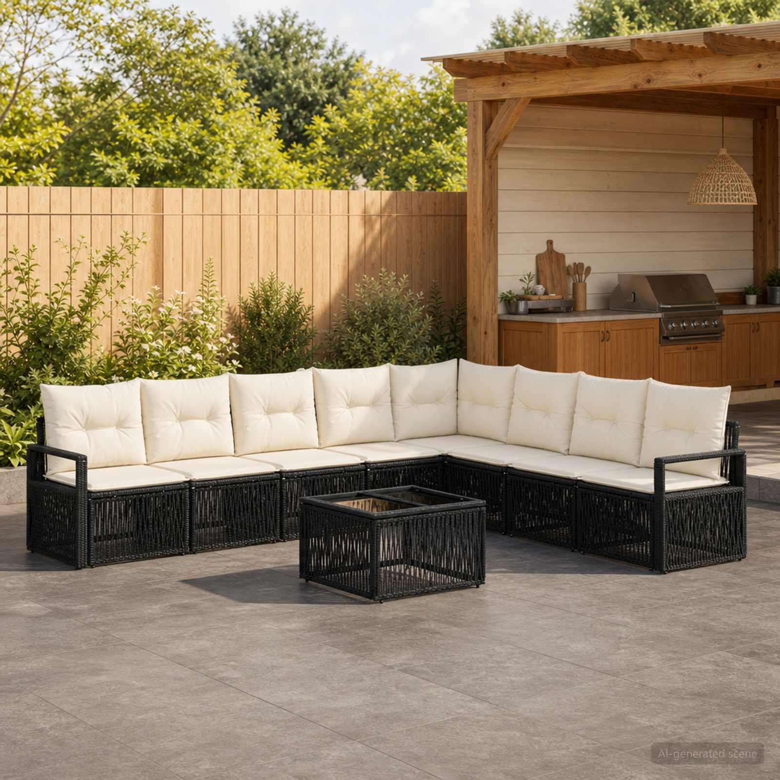 Havesofa sæt 10 stk. i sort polyrattan til have og terrasse